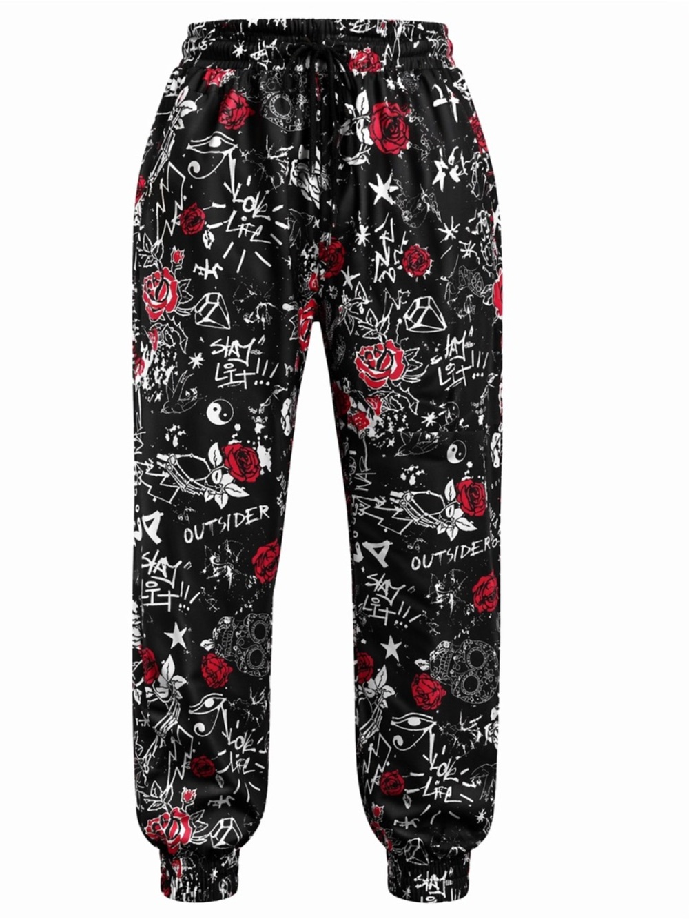 NWT Drill Clothing CO. Black Jogger Sweatpants with Red Rose & White Graffiti